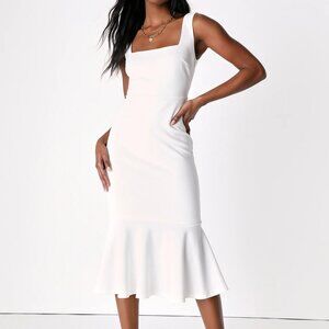 Moment Maker White Square Neck Trumpet Midi Dress in medium